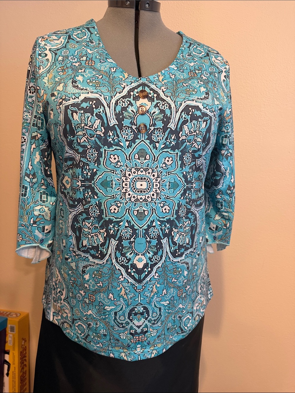 Turquoise Printed 3/4 Sleeve Tunic with Button Detail